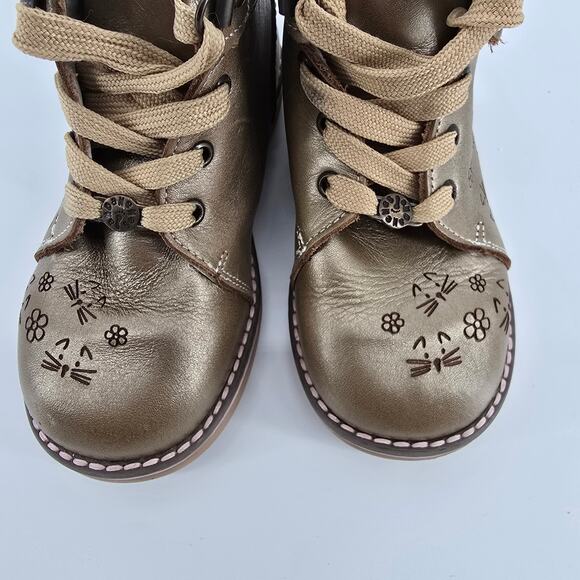 AndaNeNes Girls Bronze High Top Lace Up Leather Upper Cat & Flower Boots 10C - Picture 4 of 9